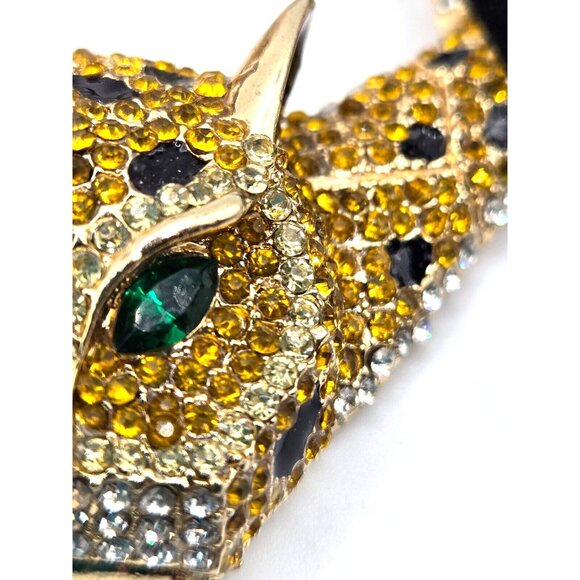 Vintage Golden Leopard necklace and pierced earrings set Emerald Green eyes 20" - Picture 2 of 10